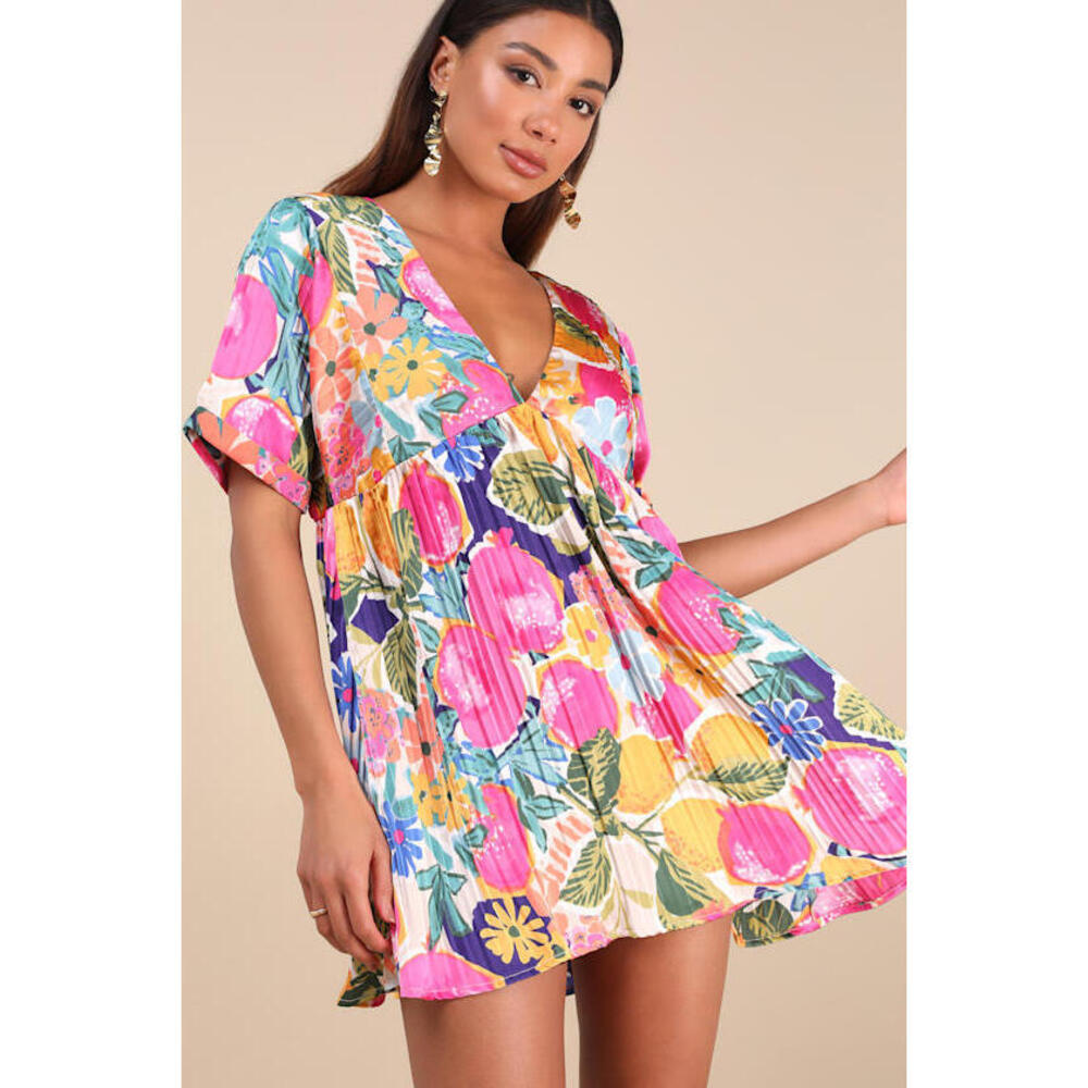 Lulus Express Yourself Pink Multi Floral Print Satin Babydoll Dress - Size S